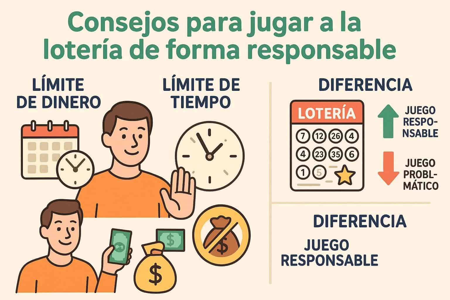 Infografía clara y amigable que represente consejos clave para jugar a la lotería de forma responsable, incluyendo elementos como límites de dinero y tiempo, y la diferencia entre juego responsable y problemático. Estilo vectorial y educativo, colores suaves y tipografía legible.