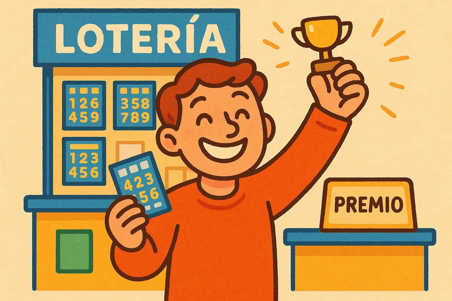 Dibujo amistoso de una persona feliz reclamando un premio pequeño en una tienda de lotería, mostrando boletos y una sonrisa, en estilo alegre y motivador para reforzar la importancia de reclamar todos los premios.