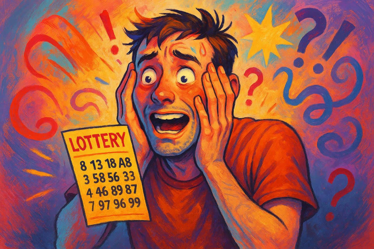 Ilustración emotiva de una persona experimentando una mezcla de alegría, sorpresa y confusión tras ganar la lotería, con elementos visuales que representen emociones intensas y confusas, estilo dibujo digital moderno y colorido.