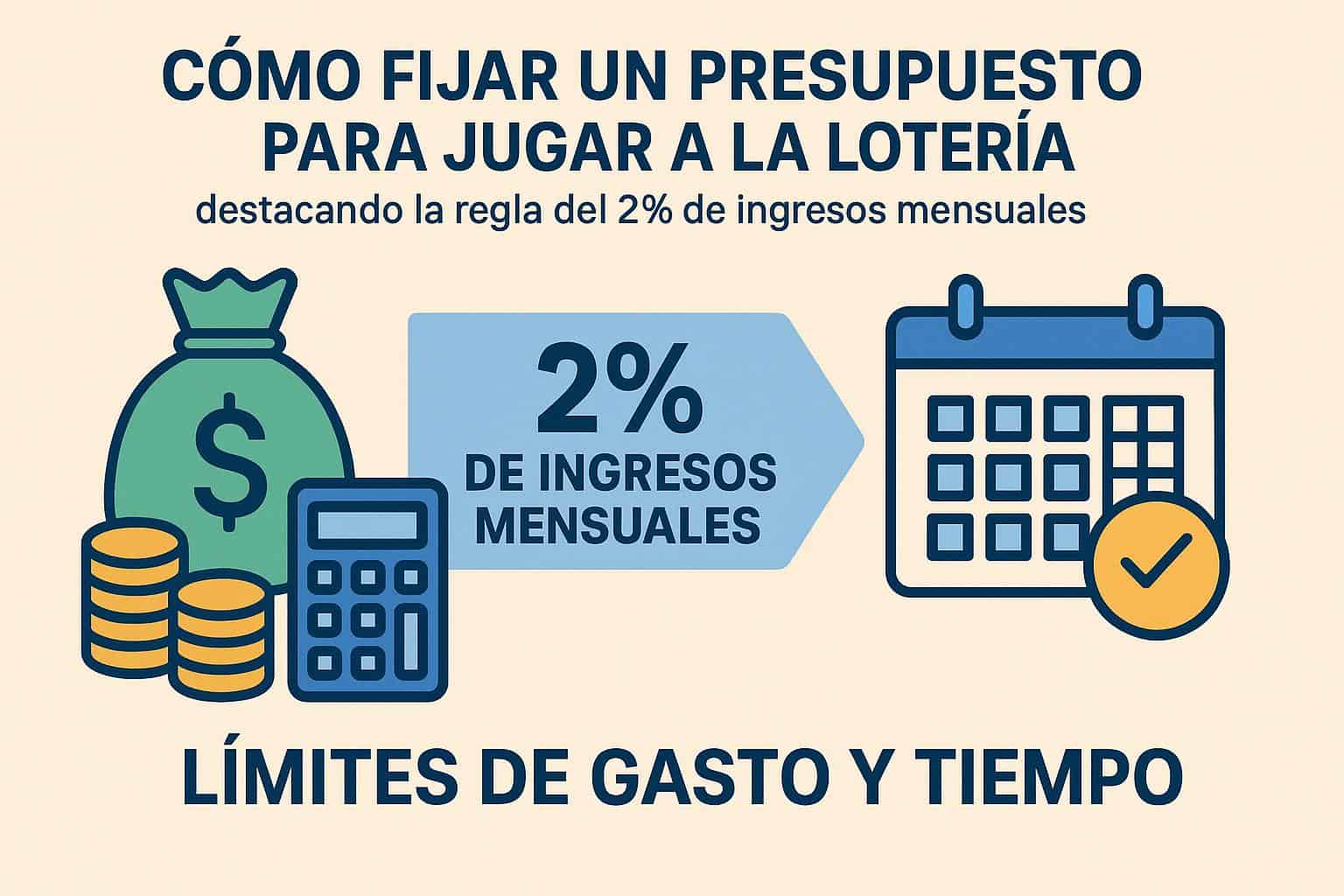 Gráfico educativo tipo infografía que explique cómo fijar un presupuesto para jugar a la lotería, destacando la regla del 2% de ingresos mensuales, con íconos de dinero, calculadora y calendario para representar límites de gasto y tiempo. Estilo moderno y claro.