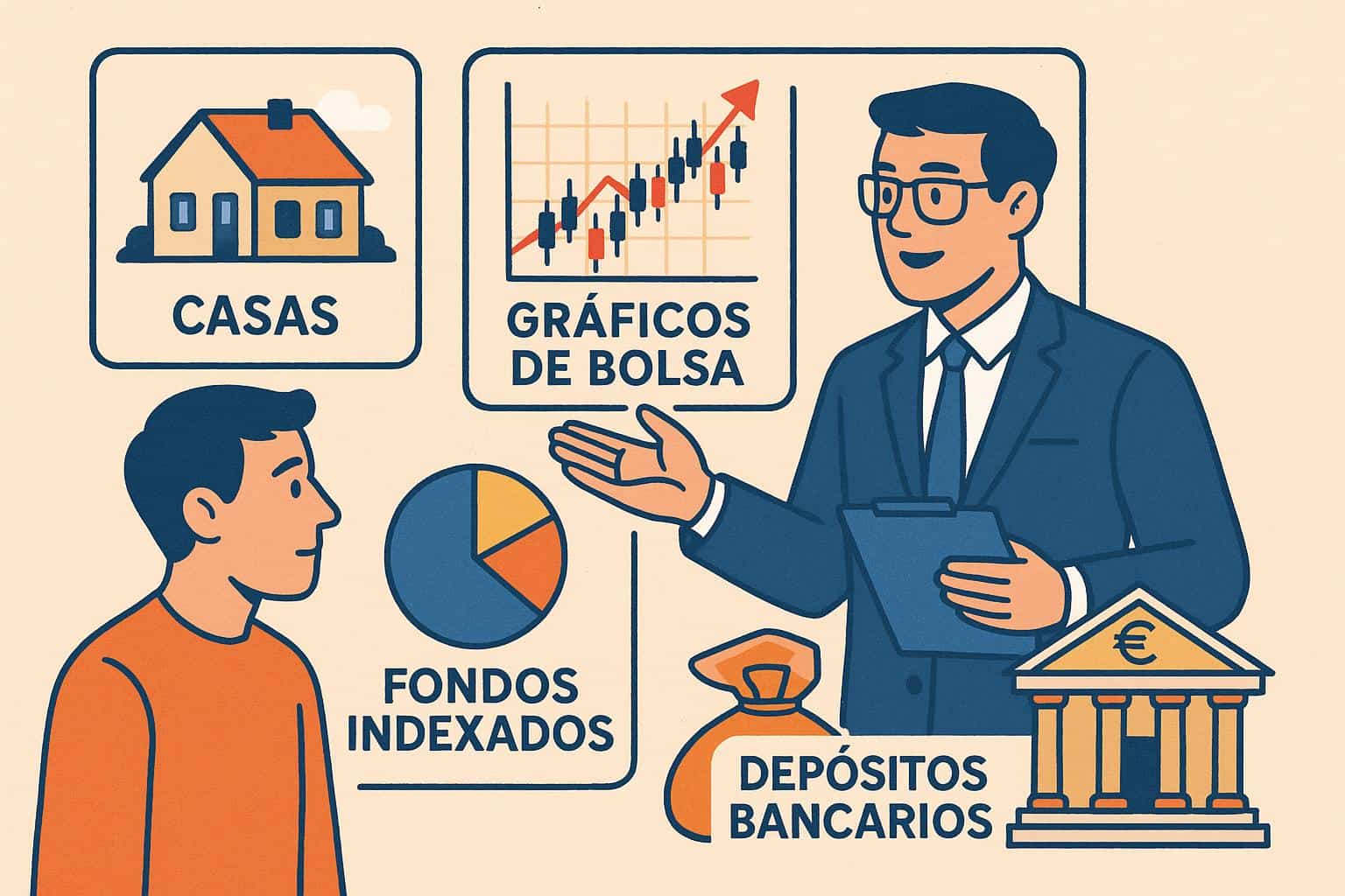 Ilustración estilizada que muestre diversas opciones de inversión como casas, gráficos de bolsa, fondos indexados y depósitos bancarios, con un asesor financiero guiando a una persona, estilo informativo y educativo.
