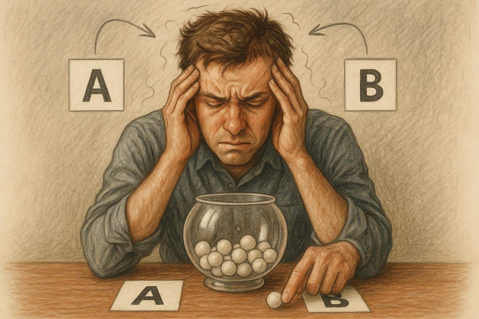 Ilustración estilo realista de una persona sentada frente a una decisión importante durante un sorteo, mostrando angustia y ansiedad, con elementos visuales que reflejen tanteo entre opciones y dificultad para concentrarse.