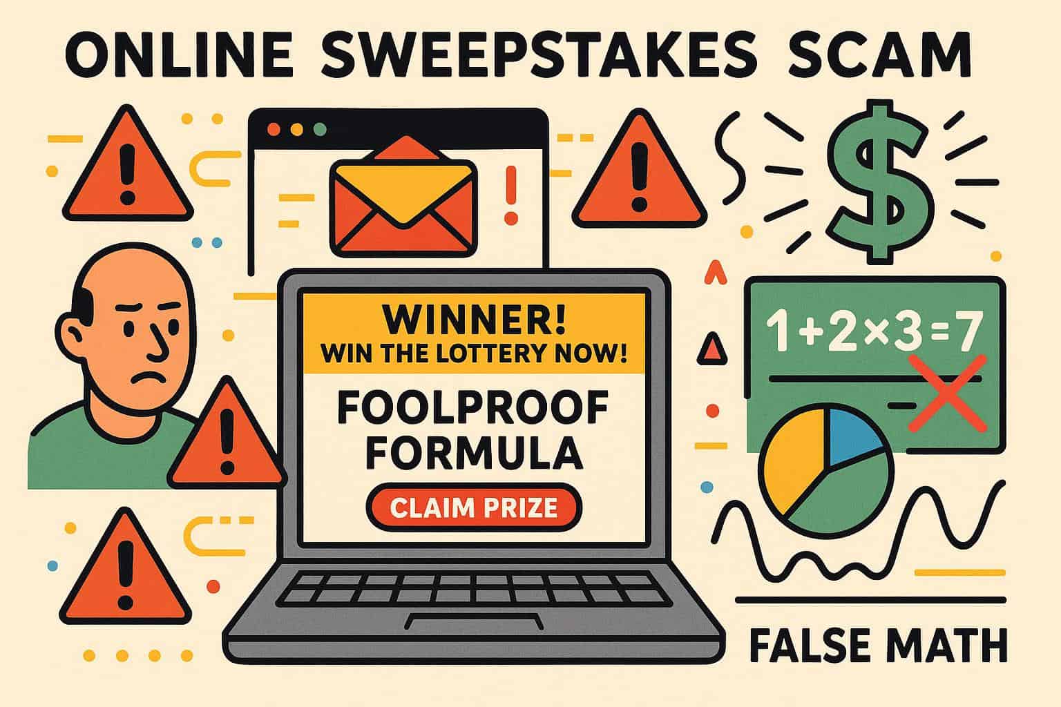 Ilustración infográfica mostrando una estafa común en sorteos online: un mensaje de correo fraudulento con promesas de fórmula infalible para ganar lotería, con elementos visuales que representan matemáticas falsas y alertas de fraude.
