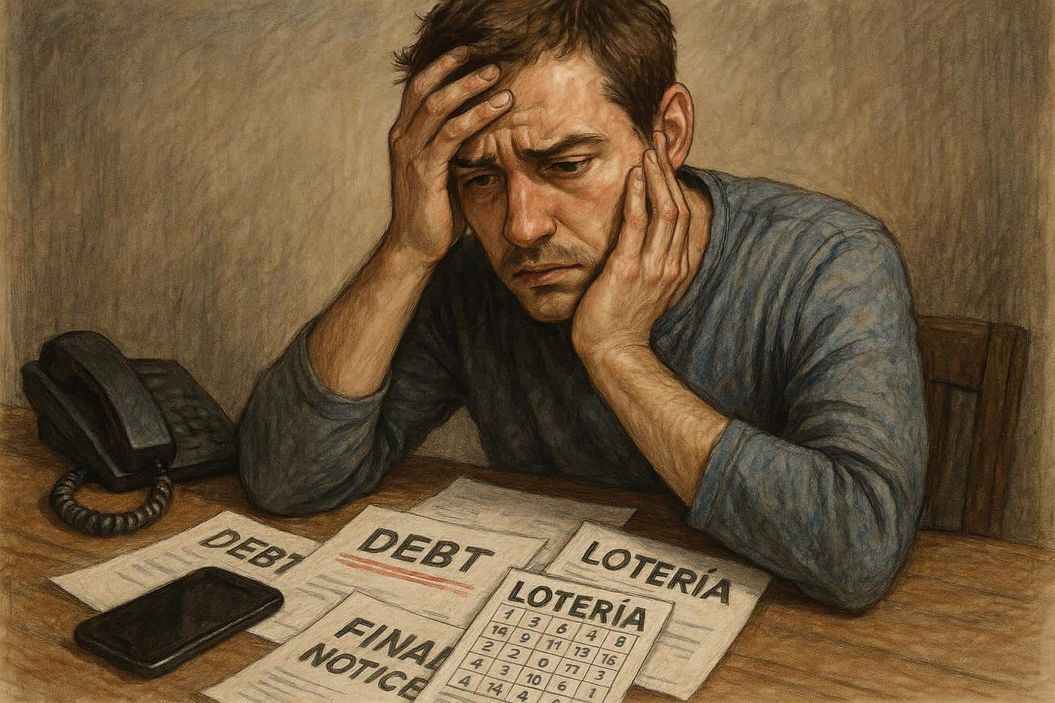 Ilustración realista que muestre a una persona preocupada rodeada de objetos como papeles con deudas, teléfono y un boleto de lotería, reflejando el estrés y las consecuencias emocionales y económicas negativas de jugar en exceso.