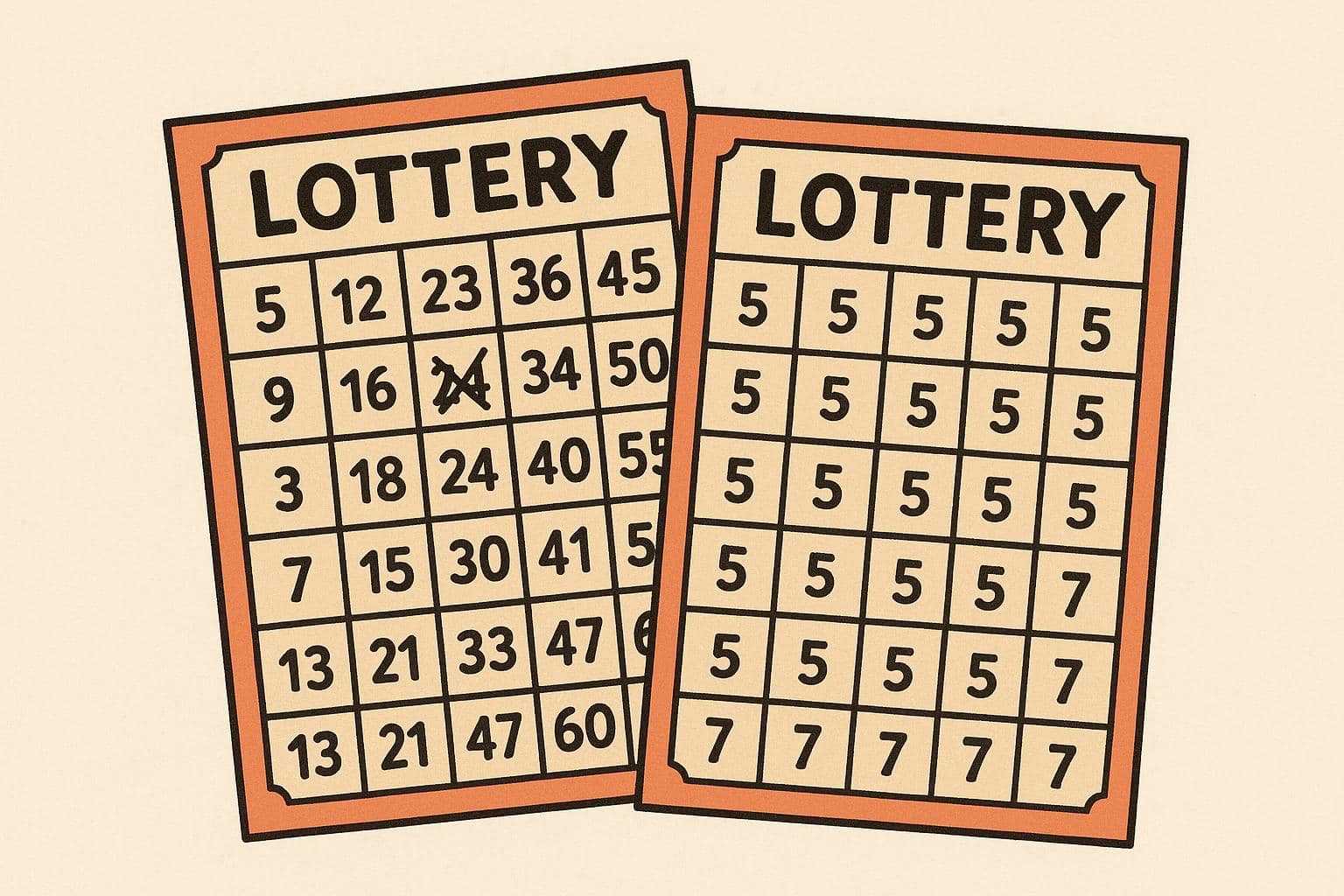Ilustración sencilla de boletos de lotería con distintas combinaciones de números, algunos cambiados y otros con los mismos números repetidos, representando la idea de cambiar o mantener números en sorteos.