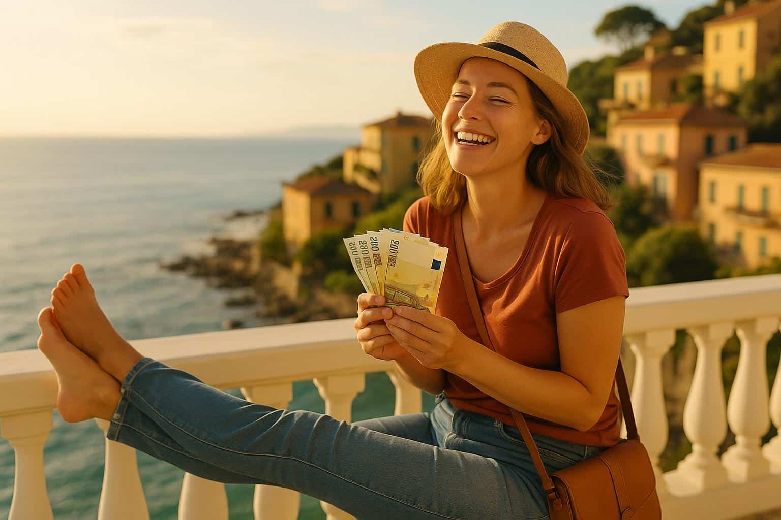 Imagen cálida y amigable de una persona disfrutando un viaje o regalo, representando el disfrute responsable tras ganar la lotería, estilo fotorealista con ambiente feliz y relajado.