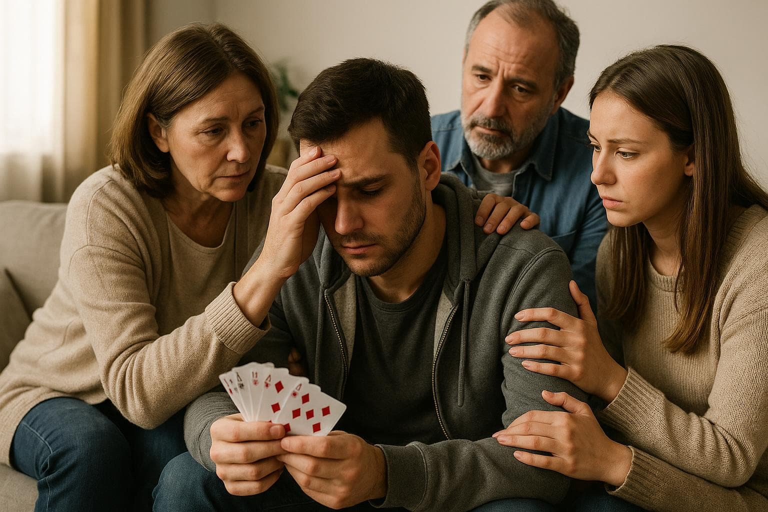 Imagen emotiva en estilo fotorrealista mostrando a una persona recibiendo apoyo de familiares en un ambiente hogareño, transmitiendo comprensión, solidaridad y ayuda para alguien con problemas de adicción al juego.