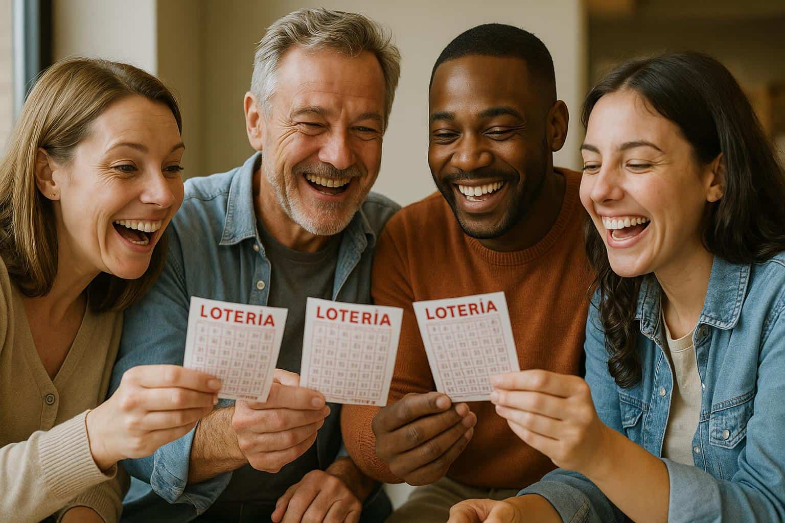 Imagen fotorealista de un grupo de personas felices compartiendo boletos de lotería juntos, representando la formación de un grupo o