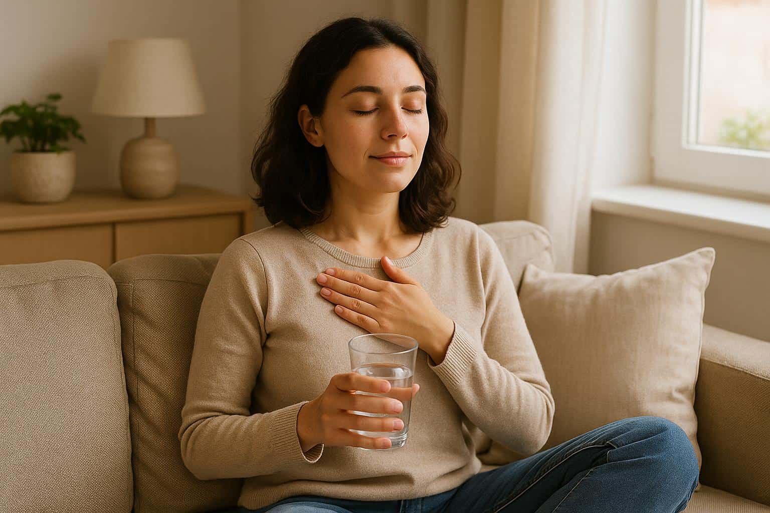 Imagen calmada y reconfortante estilo fotográfico o ilustrativo que muestre a una persona relajándose en casa, practicando técnicas de respiración profunda o bebiendo agua, transmitiendo tranquilidad y manejo del estrés antes de un sorteo.
