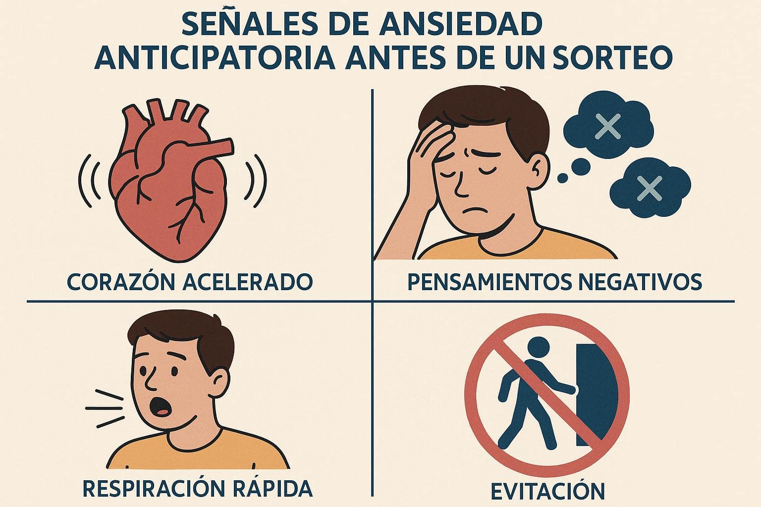 Infografía ilustrativa que muestre las señales físicas y mentales de la ansiedad anticipatoria antes de un sorteo, con íconos representando síntomas como corazón acelerado, respiración rápida, pensamientos negativos y evitación, en un estilo claro y didáctico.