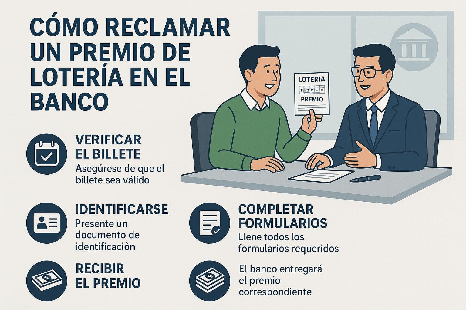 Infografía clara y profesional que explique el proceso de reclamar un premio de lotería en un banco, con un gerente y un ganador conversando, estilo corporativo moderno.