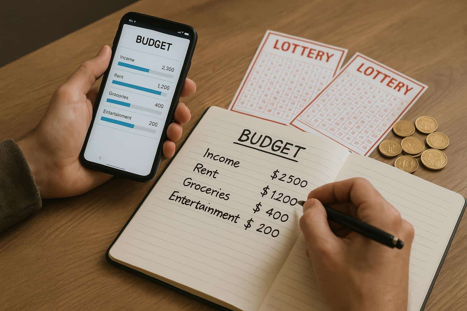 Imagen realista de una persona revisando su presupuesto en una libreta o aplicación móvil, con elementos relacionados con la lotería (boletos, monedas) al lado, enfatizando la gestión responsable del dinero para jugar a la lotería.